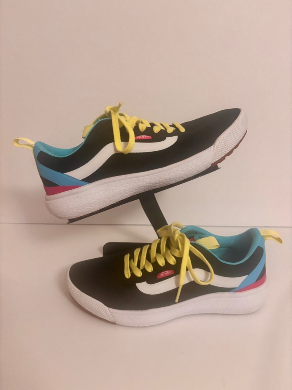 Vans Black Sneakers with Yellow Laces, Blue Lining and Pink Heel Accent M6.5 W8